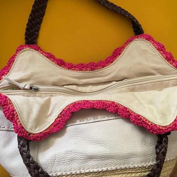 The Sak Sierra Leather Bag Purse Off White Pink Crochet Woven Trim Shopper Stone - Picture 6 of 11